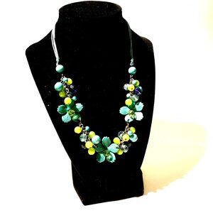 Beaded Necklace Leather Flowers Aqua Blue Green Boho Festival Nature